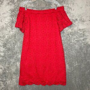 Maggy London Women Classic Preppy Crochet Eyelet Off Shoulder Shift Dress 8 Red